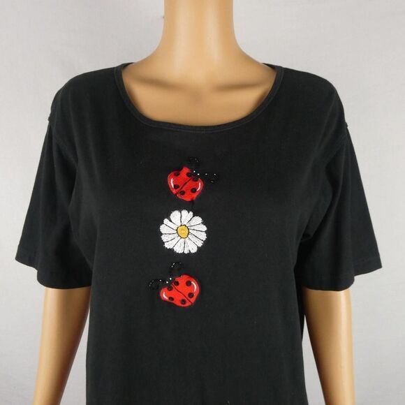 Casey Coleman Vintage Embroidered Beaded Ladybug Daisy Flower T Shirt Black Md - Picture 4 of 10